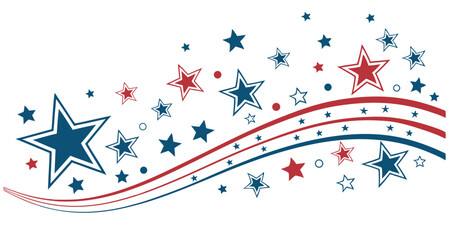 USA border, American flag stars banner, 4th July decoration. Red and blue stars and dots scattered across a white background.