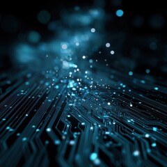 Abstract glowing blue circuit board with bokeh lights in deep space