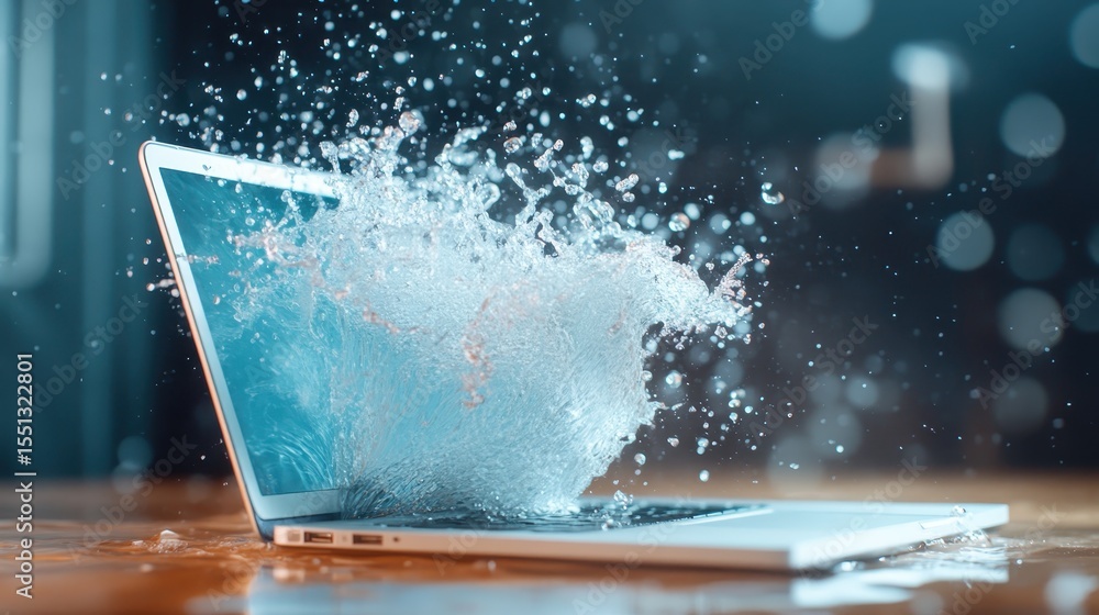 Poster a dramatic scene where a laptop is submerged in a dynamic splash of water, illustrating the unexpect