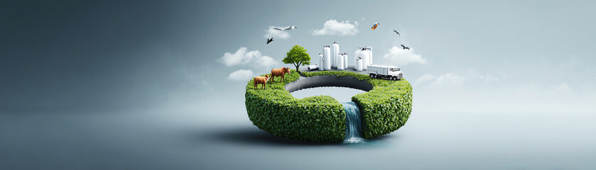 Circular economy sustainability green city waterfall tree cow truck bird environmental conservation eco friendly