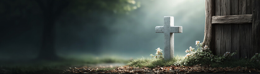 Simple white cross old wooden fence green grass fallen leaves peaceful cemetery morning light tranquil nature