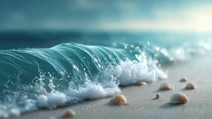 Soft beach waves shimmering sunlight clean sand seashell tranquil ocean nature summer peaceful coastal