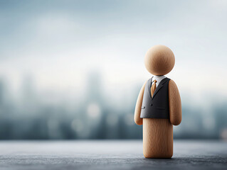 Wooden figure black suit business professional blurred background modern minimal standing confident abstract