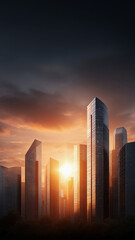 Sunrise over modern downtown with glass skyscraper dramatic sky urban skyline cityscape tall building architecture