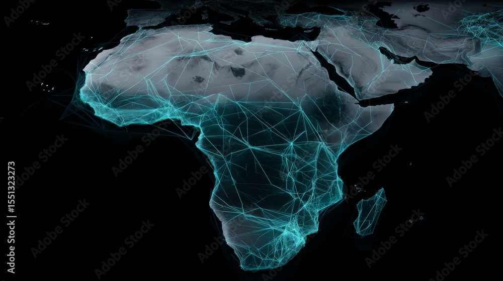 Poster glowing digital map of africa with interconnected neon lines on a dark futuristic background symboli