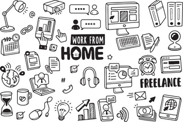 Work From Home Doodle Vector – Remote Office, Laptop, Coffee, Headphones, Productivity, Hand Drawn Setup

