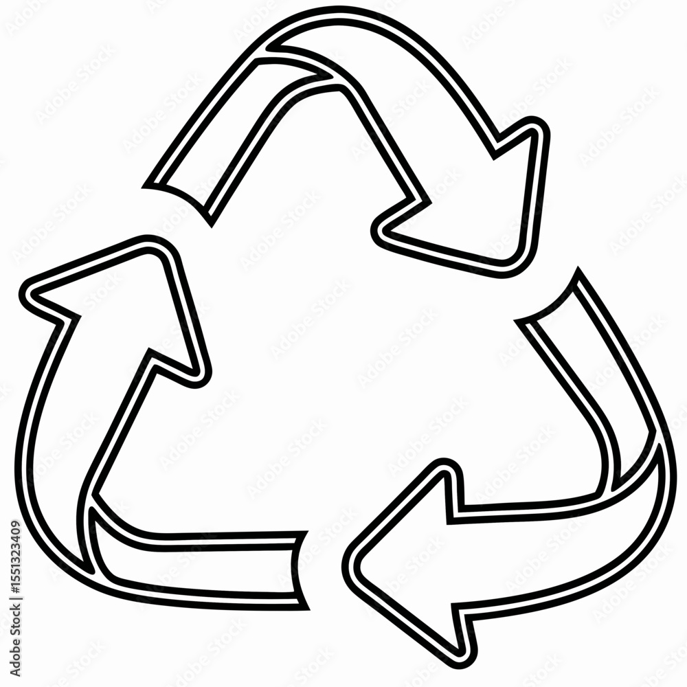 Poster recycling icon shows three arrows in triangular cycle, outline simple drawing. recycling icon highli