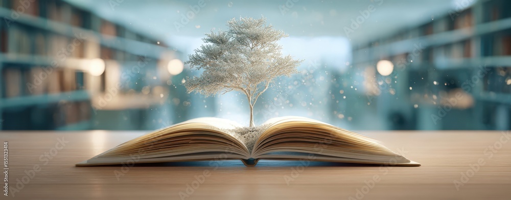 Poster the book with a tree symbolizing growth and imagination in a library setting
