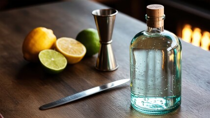 Refreshing gin bottle with citrus fruits, jigger, and knife on wooden bar surface