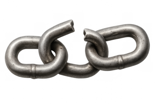 Metal chain breaking apart, illustrating a weak link and vulnerability, isolated on a transparent background for a striking visual impact