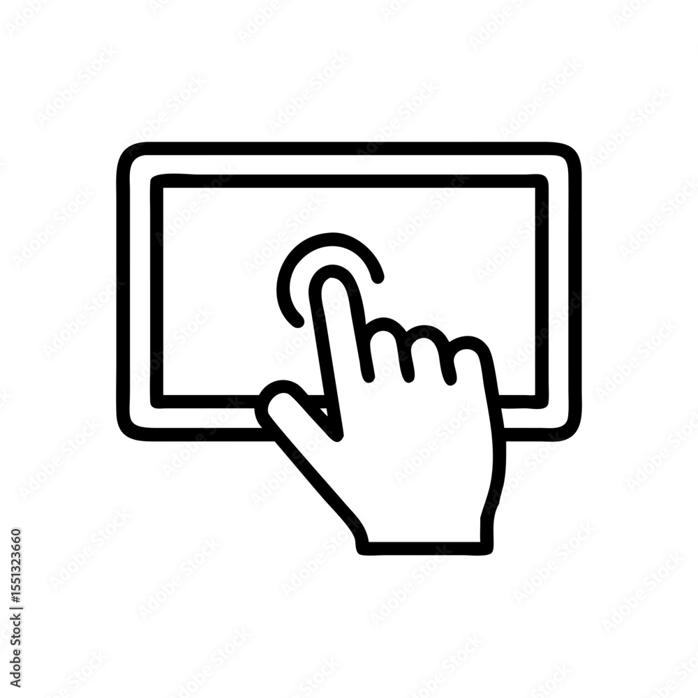 Poster touch screen panel with human hand tapping on monitor, touch screen panel isolated on white backgrou