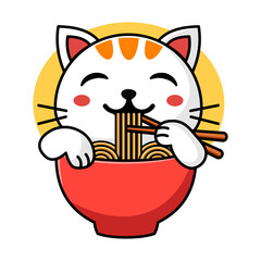 illustration or logo of cat eating noodles in bowl vector