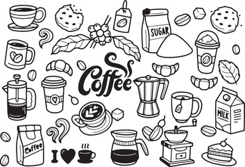 Coffee and Breakfast Doodle Vector – Cup, Muffin, Cafe Items, Hot Drink Sketch, Hand Drawn Food Icons

