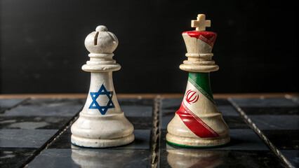 Naklejka premium Chess pieces representing israel and iran face each other on a checkered board in conflict