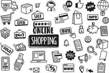 Online Shopping Doodle Vector – E-commerce Elements, Cart Icon, Payment, Mobile App, Hand Drawn Retail Icons

