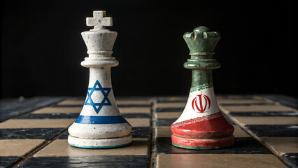 Naklejka premium Chess pieces representing israel and iran face each other on a checkered board