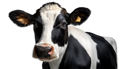 Close up portrait of a black and white holstein cow with a yellow ear tag isolated on transparent background