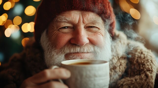 An elderly man with a warm smile enjoys a cozy cup of coffee by a fireplace, capturing warmth, joy, and nostalgia in a comforting, heartwarming scene. - Powered by Adobe