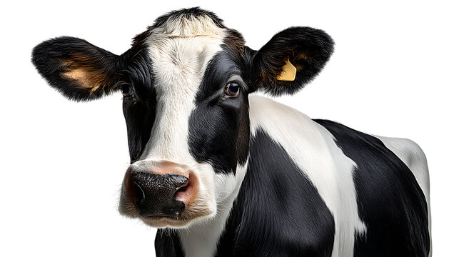 Close up portrait of a black and white holstein cow with a yellow ear tag isolated on transparent background