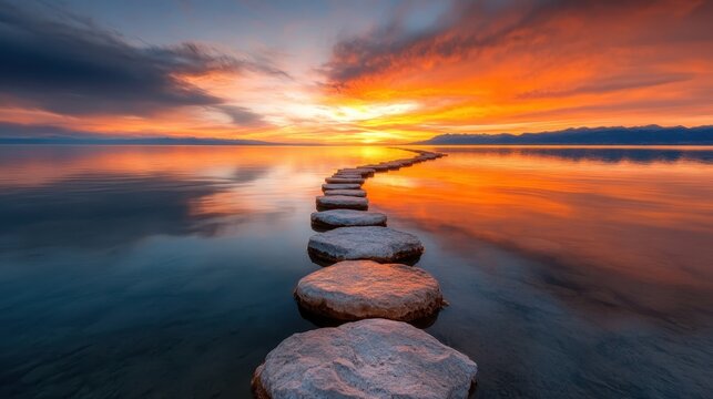 An idyllic scene of stepping stones leading across a calm lake under a stunning sunset, providing a peaceful pathway that symbolizes serenity and self-reflection.