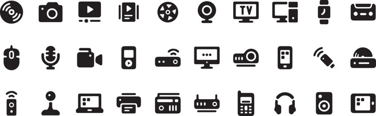 Gaming and Media Icon Vector Set – Controller, Monitor, Headset, Console, TV, Entertainment Tools, Flat Design

