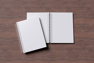 White notebook with dark brown wood background texture for mockup template