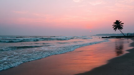 Serene coastal sunset scene featuring a lone coconut tree silhouette against vibrant pink and orange sky, calm ocean waves gently lapping sandy shore, creating a tranquil and picturesque atmosphere.
