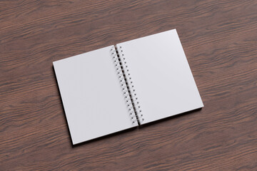 White notebook with dark brown wood background texture for mockup template