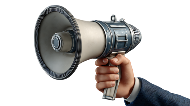 Close up of a business person holding a vintage megaphone announcing information isolated on transparent background
