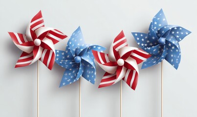 Four pinwheels in red, white, and blue with stars and stripes on sticks. 4th of July, Independence day in United States of America celebration
