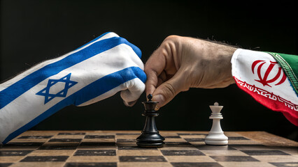 Hands painted with israel and iran flags playing chess symbolizing geopolitical tension