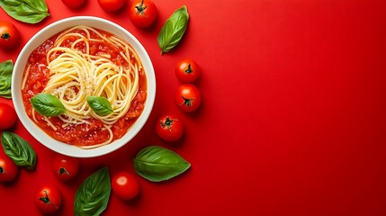 A bowl of spaghetti with tomato sauce and basil leaves on a vibrant red colored background space for text