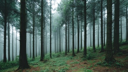 Obraz premium Serene dense forest with misty atmosphere, towering trees illuminated by early morning light, lush green undergrowth, peaceful wilderness scene.