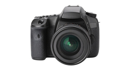Old digital SLR camera body with a professional black zoom lens isolated for photography