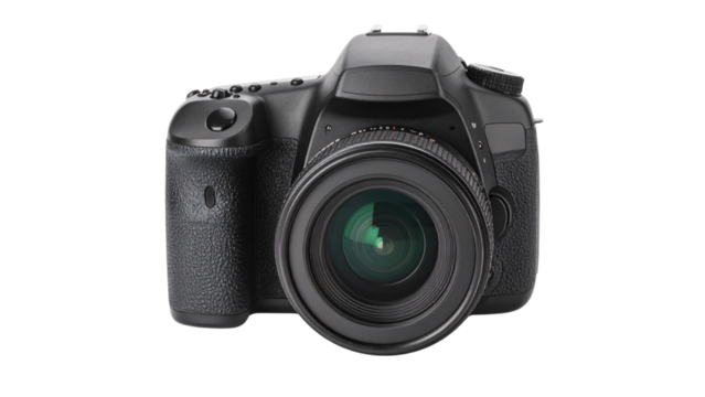 Old digital SLR camera body with a professional black zoom lens isolated for photography