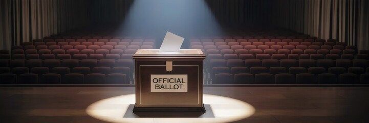 Ballot box in spotlight with red auditorium seats &ndash; Great for democracy visuals, election event posters, or public policy campaigns