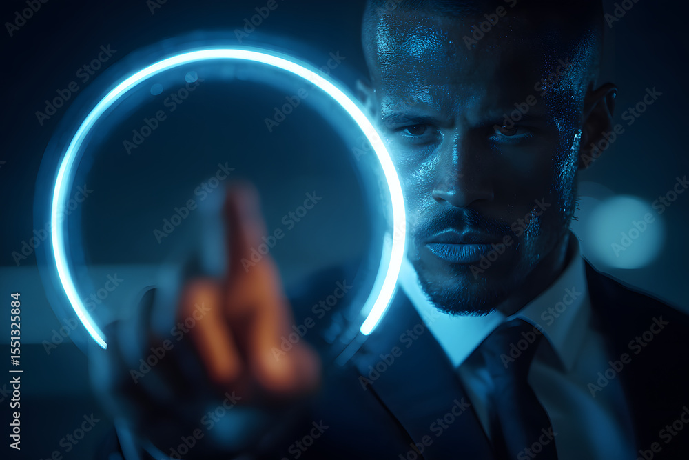 Poster a businessman interacts with a glowing circular digital interface symbolizing control innovation and