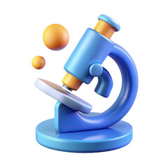 3 D Render of a Blue and Orange Microscope Icon with Smooth Metallic Frame and Two Small Orange Spheres isolated on a transparent background