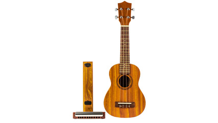 Obraz premium A classic wooden acoustic guitar with six strings is isolated on a clean white background