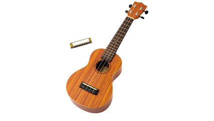 Obraz premium A classic acoustic guitar with wooden details and strings is isolated on white, ready for playing music