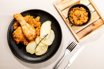 Top view of baked chicken with vegetable sauce and sliced potatoes.