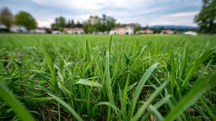 Obraz premium Broadangle view of vibrant green meadow with fresh grass under soft sky, peaceful rural landscape with lush plant textures and tranquil natural atmosphere.