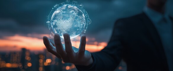 The Businessman Holding a Glowing Digital Globe at Sunset