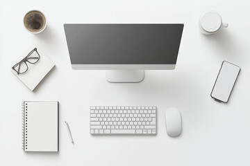 白い木目のテーブルに置かれたデスクトップモニターと白いキーボードにコーヒーカップ
