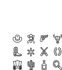 Collection of western themed icons including cowboy hat sheriff star and bull skull in black outline style