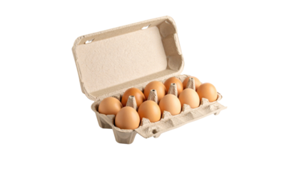 Fresh brown and white organic farm eggs in a cardboard carton container