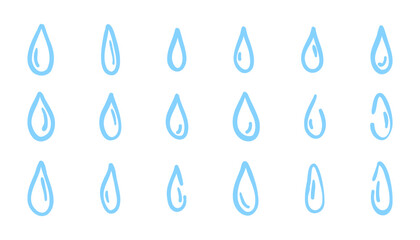 Set of hand drawn water drops in doodle style. Vector illustration of water drop icons. Sketchy liquid symbols, rain or splash elements. Isolated on white background.