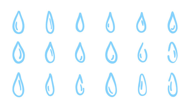 Set of hand drawn water drops in doodle style. Vector illustration of water drop icons. Sketchy liquid symbols, rain or splash elements. Isolated on white background.