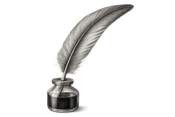 Vintage quill pen nestled in antique inkwell, hand-drawn illustration with transparent background, evoking classic writing nostalgia