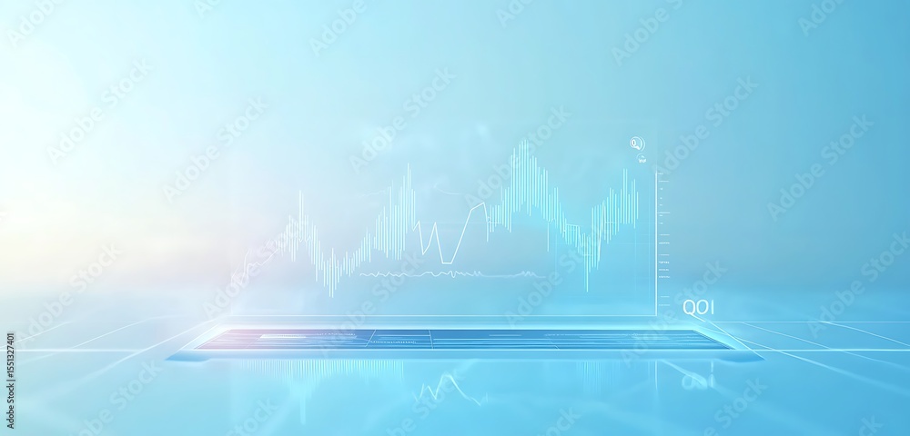 Poster a graphical representation of data displayed on a screen with a light blue background and reflection